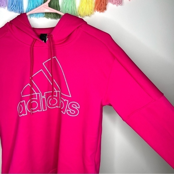 Adidas Bright Hot Pink Pullover Hooded Logo Fleece Lined Sweatshirt Size Small - Picture 6 of 16
